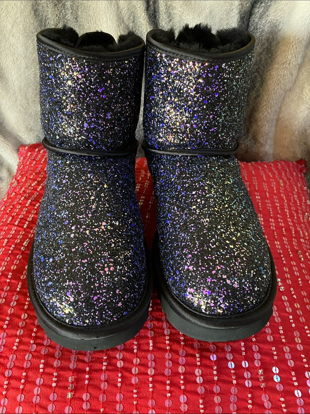 UGG Glitter Black Suede Sheepskin Lined Logo Boots NWOT